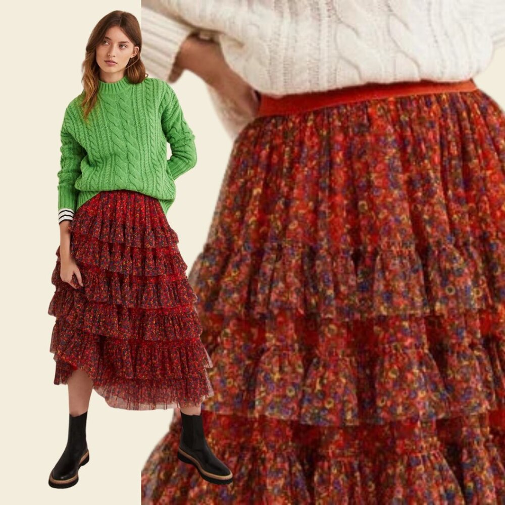 NWT Boden Women’s Rocket Red Ruffle Tulle Midi Skirt US Size 8